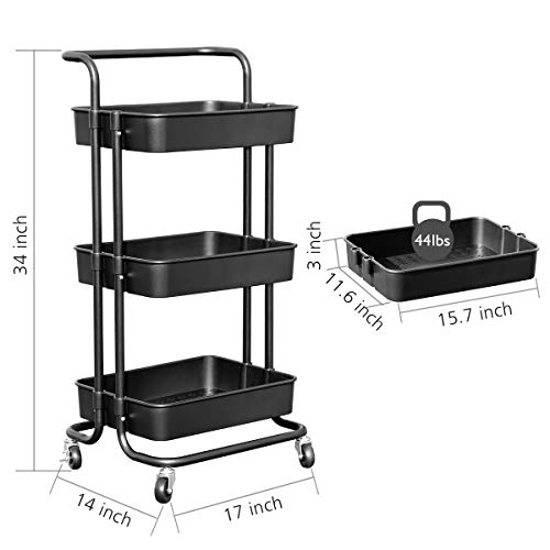 3 Tier Rolling Cart, ENUOSUMA Utility Cart Storage Trolley with Basket Drawers, Wheels and Handle, for Bathroom Kitchen Office, Easy Assembly (Black)