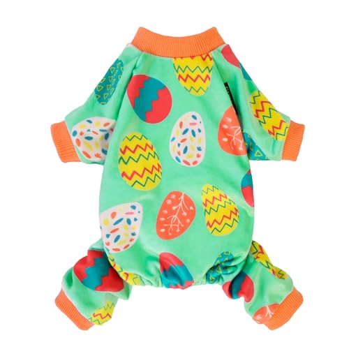 Image of Fitwarm Easter Egg Dog Pajamas, Holiday Dog Clothes for Small Dogs Girl Boy, Pet Easter Outfit, Puppy Cat Onesie, Lightweight Velvet, Light Green, Orange, Medium