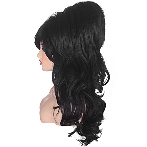 Amzcos Women Black Beehive Wig Long Curly Wavy Bouffant Heat Resistant Synthetic Hair Wigs For Womens Vintage Costume Cosplay Halloween Party #TOP2