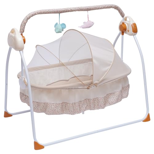 Donened - Cuna eléctrica, Cuna de bebé, 5 velocidades Cuna de bebé Columpio con colchón Mosquitera Cuna y juguetes, Cuna eléctrica para bebés Entre 0 y 18 meses (caqui)