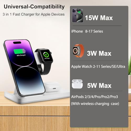 Image of Wireless Charger, 3 in 1 Charging Station for Multiple Devices, Wireless Charging Stand for iPhone 8-17 Series,iWatch 2-10 Series /Ultra /SE,AirPods4 /3 /2 /Pro(White)
