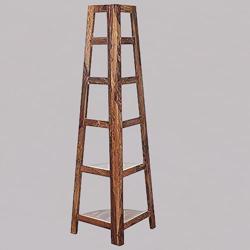 Image of Solid Sheesham Wood 5 Tier Corner Book Shelf for Home Living Room Library Office Furniture Wooden Bookcase Unit Display Rack Storage (Natural Brown Finish)