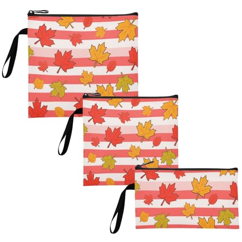 Red White Striped Maple Leaves 3-Pack Reusable Snack Bags Waterproof Emergency Food Bag for Women Girls Trip
