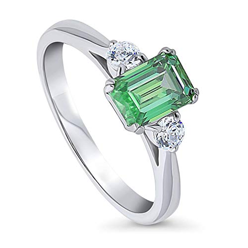 BERRICLE Valentines Day Gift Rhodium Plated Sterling Silver 3-Stone Anniversary Promise Engagement Ring Made with Swarovski Zirconia Green Emerald Cut 1.2 CTW Size 5