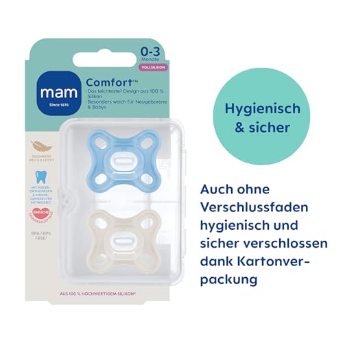 MAM Comfort Schnuller | 0-3 Monate | Schnuller für Frühgeborene und Neugeborene | stillfreundlicher Babyschnuller | besonders klein & leicht | extra sanft | 100% Silikon | blau/beige | 2 Stück 2