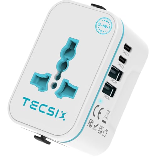 Image of Universal Travel Adapter Worldwide, TECSIX International Plug Adapter with 2 USB-C & 2 USB-A Ports, 5-in-1 Travel Power Adapter for EU UK US AUS, Compact Travel Essentials for 200+ Countries