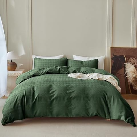 BISELINA 100% Cotton Duvet Cover Set Waffle Weave Houndstooth 3PCS (1 Duvet Cover and 2 Pillow Sham) Soft & Lightweight Breathable Farmhouse Bedding Set for All Season - Olive Green, Full Size Cover