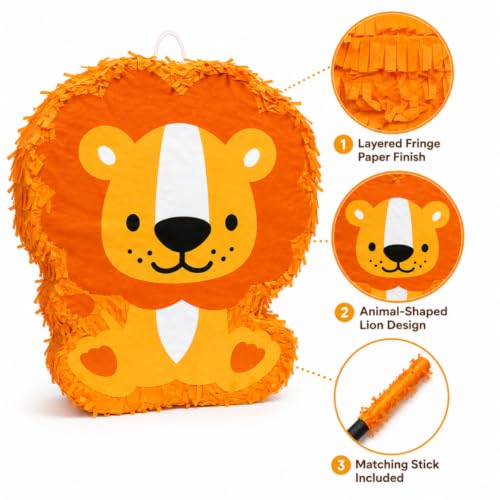 Image of Wanna Party Lion Shaped Pinata with Stick for Kids Birthday Party, Jungle Safari Animal Pinata Khoi Bag, Candy Fillable for Jungle Theme Birthday Decoration