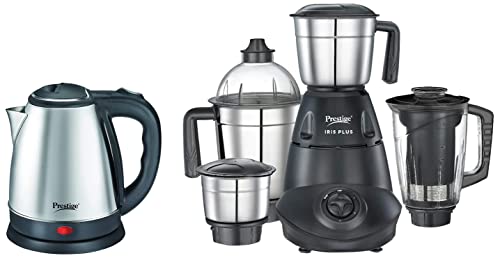 Prestige IRIS Plus 750 watt mixer grinder & Electric Kettle PKOSS - 1500watts, Steel (1.5Ltr), Black