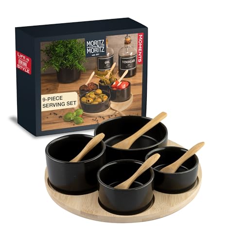 Moritz & Moritz 4X Black Dip Bowl Set with Wooden Tray - Snack Bowls Set Ceramic - Serving Set with Spoons