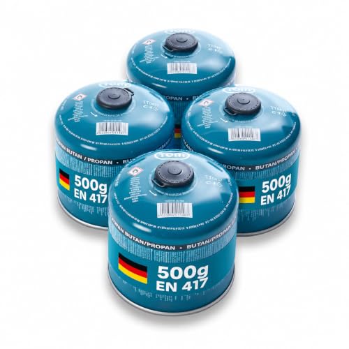 TOM Gaskartuschen 2 x, 4 x, 8 x oder 12 x 500 g Butan Propan Gas - Schraubkartusche Set – Kartuschen mit Sicherheits-Schraubgewinde – Butane Gas Kartusche ideal für Ihren Campingkocher (4 x 500g)