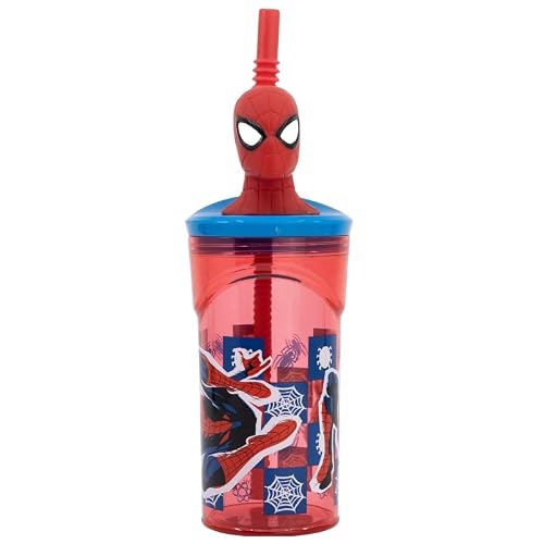 Golddunes 3D Cartoon Character Kids Figurine Re-Usable Plastic Tumbler Beaker with Re-Usable Flexi Straw - 360ml (Spiderman red/Blue)