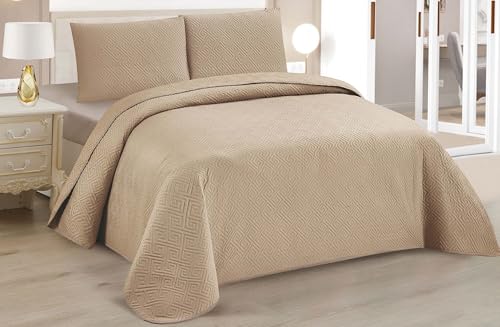 BESCH Colcha Boutis para Primavera y Verano con Relieve Geométrico de Color Marrón Claro + 2 Funda Cojin 50x70 cm - Cubrecama Ligera Fina Entretiempo Extra Suave y Transpirable (Cama 150, 240x260cm)