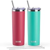 koodee 20 oz Tumbler with Lid and Straw-2 Pack Stainless Steel Double Wall Insulated Skinny Tumbler-Travel Beach Coffee Mug Tumbler for Women/Men (Wine Red-Teal)