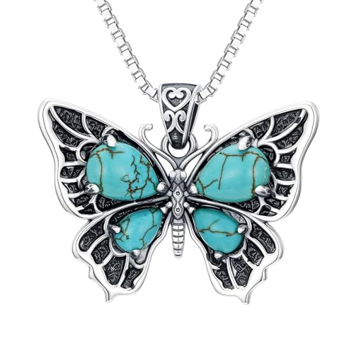 Genuine Turquoise Butterfly Pendant Necklace, Sterling Silver Vintage Native American Western Jewelry Birthdays Gift for Women