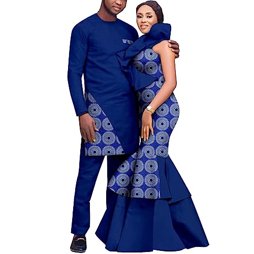 African Print Mermaid Long Dresses for Women Matching Couple Outfits Bazin Riche Men Kaftan Top and Pant Sets Vestidos