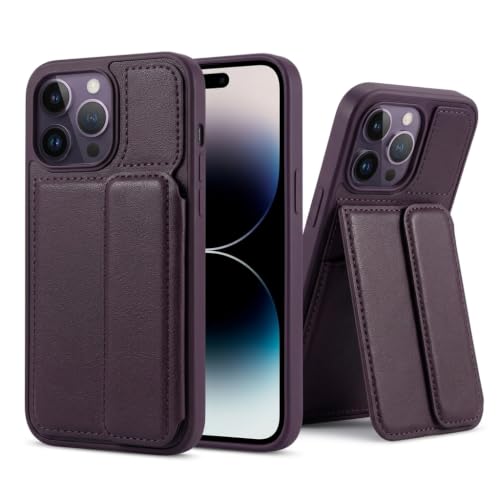 Image of amazon basics Luxury Vegan Leather Back Cover for iPhone 14 Pro | Built-in Card Holder Slot | Integrated Mobile Stand | Slim Shockproof Protective Case with Stitched Finish - Purple