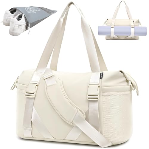 MAXTOP Women's Yoga Gym Bag with Yoga Mat Holder, Duffle Tote Bag for Travel, Workout, Overnight, Dance, Sports, Pilates, Beige