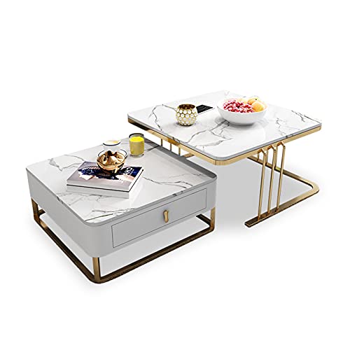 Quadratischer Couchtisch-Set, moderner Akzenttisch, Schreibtisch mit Stauraum, Kunstmarmor-Glasplatte und Metallrahmen, für Wohnzimmer, Büro, Balkon, B 6070 cm (A 60 x 70 cm)