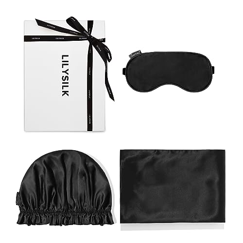 LILYSILK シルクビューティー3点セット 【アイマスク/全周ゴムナイトキャップ/枕カバー43x63cm】高級美容寝具セット 100%ムルマシルク使用 ギフトに最適,ブラック