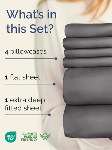 Extra Deep King Sheet Set - 6 Piece Breathable and Cooling Sheets - Grey