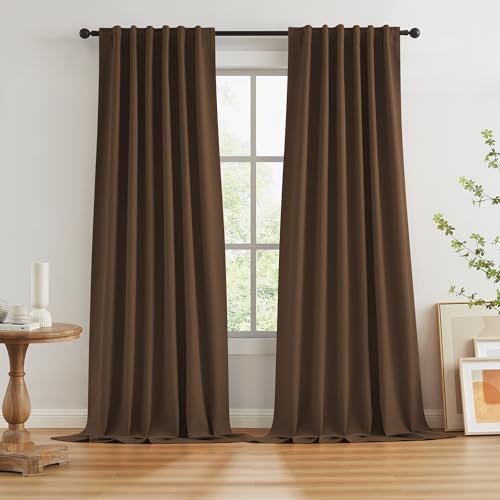KEQIAOSUOCAI Brown Linen Textured Blackout Curtains 108 Inches Long for