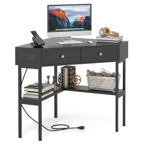 Tangkula Corner Desk with 2 Drawers & Built-in Charging Station,