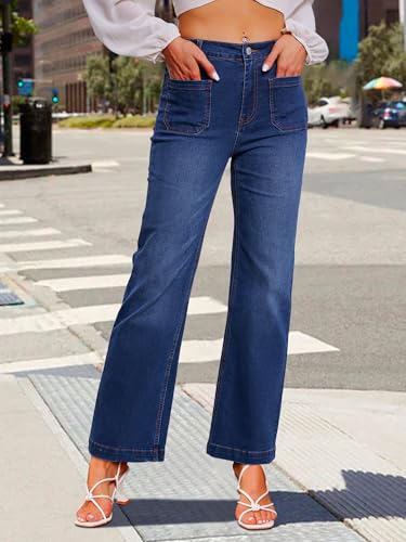 Genleck Wide Leg Jeans for Women – High Waisted Stretch Front Patch Pockets Trendy Jeans Baggy Mom Tummy Control Denim Pants3