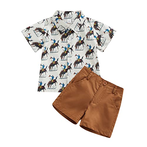 Image of Western Baby Boy Clothes Toddler Cow Print Short Sleeve Button Down Shirt Elastic Waist Shorts Set 2Pcs Cowboy Outfit