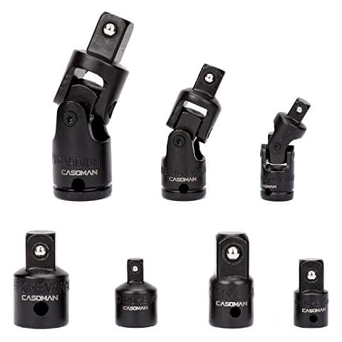 CASOMAN 7 Pieces Swivel Universal Joint Socket Set, Impact Socket Adapter Set, 1/4-inch, 3/8-inch and 1/2-inch, Cr-V Cover