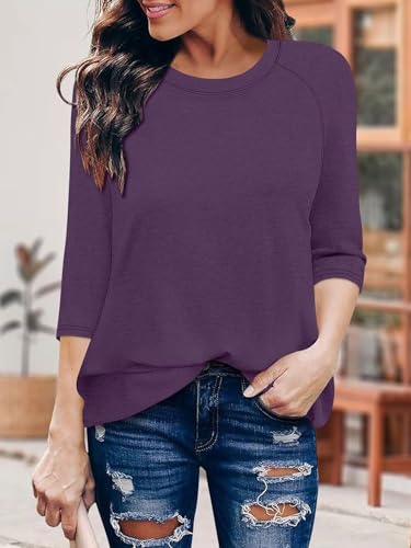 KISSMODA Tunic Tops for Women Loose Fit Dressy Round Neck Pleated 3/4 Length Sleeve Spring Tops