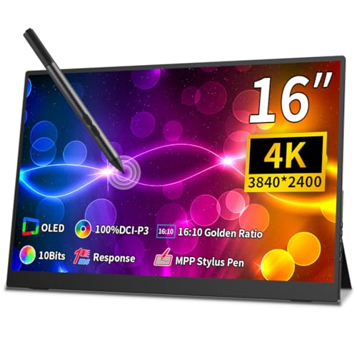 Image of 16 inch 4k OLED Touchscreen Portable Monitor, 3840 x 2400 100% P3 Portable Display MPP Stylus Pen Compatibility 1MS Eye Care PC Monitor for Laptop,Mac NUC Mini PC,VESA & Integrated Stand