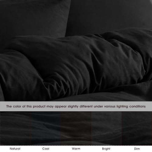 Image of Soft Washed Black Duvet Cover Set Queen Size, 2 Pillow Shams, No Comforter | Prewashed Microfiber, 4 Corner Ties, Button Closure, Ultra Soft, Cotton-Like, All Seasons, Queen Duvet Cover 90x90 in