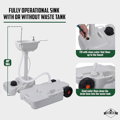 Hike Crew Portable Camping Sink & Waste Tank | Large Outdoor Hand Washing Station with 4.5 Gal Capacity, Hands-Free Foot Pump, Faucet, Soap Dispenser & Towel Rack | Includes 8 Gal Travel Waste Tank