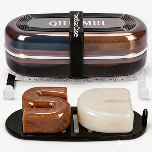 Shampoo Bar Holder Travel Case | Leakproof Soap Container with Lid & Drain Tray | Includes Silicone Strap and Soap Bag | Compatible with Kitsch Solid Shampoo and Conditioner Bars (Black Large)