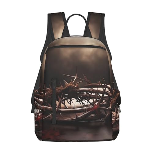Sac à dos léger imprimé croix et couronne d'épines noir grande capacité pour ado et adulte