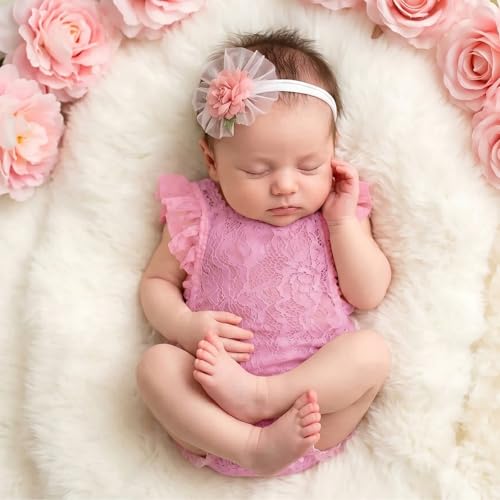 ForBaysy Infant Newborn Photography Props Girl Outfit Lace Romper with Cute Flower Headband Newborn Dress Posing Props - image 6