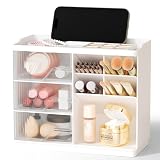 Small Makeup Organizer with Drawers, Stackable Bathroom Couneter Organizer with Phone Holder, Versatile Vanity Organizer Countertop, Cosmetic Organizer for Makeup Brush, Skin Care, Lotion -White,1Pack