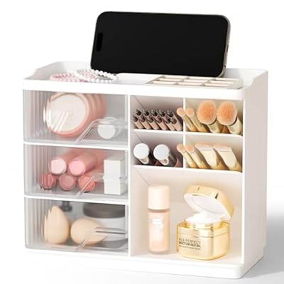 Small Makeup Organizer with Drawers, Stackable Bathroom Couneter Organizer with Phone Holder, Versatile Vanity Organizer Countertop, Cosmetic Organizer for Makeup Brush, Skin Care, Lotion -White,1Pack