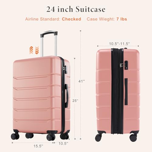 Image of Sweetcrispy Carry on Luggage, Hard Shell ABS Suitcase with Double Spinner Wheels, Lightweight Expandable Rolling Suit Case with TSA Lock, 24 Inch Pale Pink