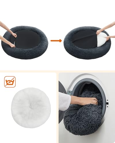 Feandrea Hundebett flauschig, Katzenbett, Donut Kissen, waschbar, Polsterung in der Mitte herausnehmbar, Langer Plüsch, 100 cm Durchmesser, dunkelgrau PGW042G02