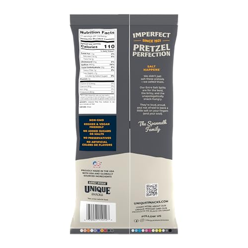 Unique Snacks Extra Salt Splits Pretzels, Original Split-Open Pretzels, Delicious Homestyle Baked Snack Bag, OU Kosher, and Non-GMO Food, No Artificial Flavor, 11 Oz. Bag, Pack of 6