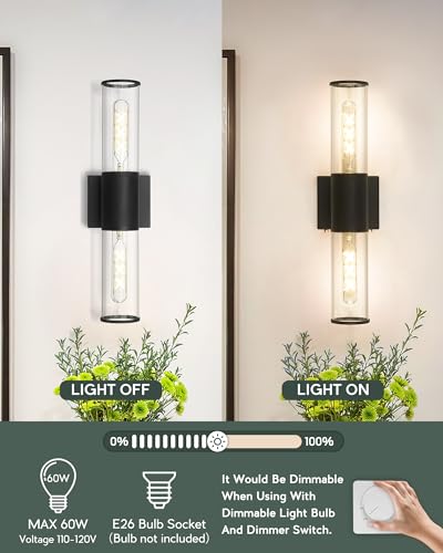 Image of Black Vanity Light Set of 2, 2 Light Modern Bathroom Light Fixtures Over Mirror with Clear Glass Shade, Up and Down Indoor Wall Sconce for Bathroom Bedroom Hallway, VL834-MB-2PK
