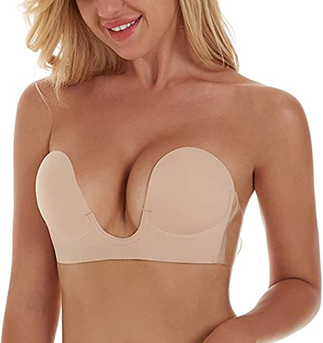 Unilove Invisible Bra Backless Strapless Bra Reusable Sticky Boobs Deep Plunge Silicone Push Up Adhesive Bras for Women(Nude, D)