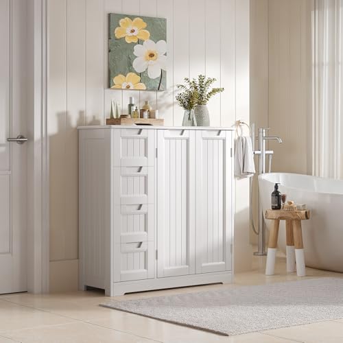 Xbro Armario de Baño con 4 Cajones y 2 Puertas, Mueble Auxiliar con Estante Ajustable para Baño, Cocina y Salón, Almacenamiento Multiusos, 81 x 30 x 83 cm, Blanco - imagen 2