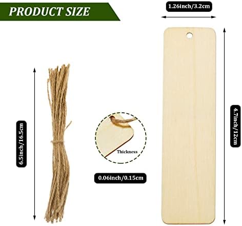 Wood Blank Bookmarks DIY Wooden Craft Bookmark Unfinished Wood Hanging Tags Rectangle Shape Blank Bookmark Ornaments with Holes and Ropes for Christmas DIY Wedding Birthday Party Decor (36)