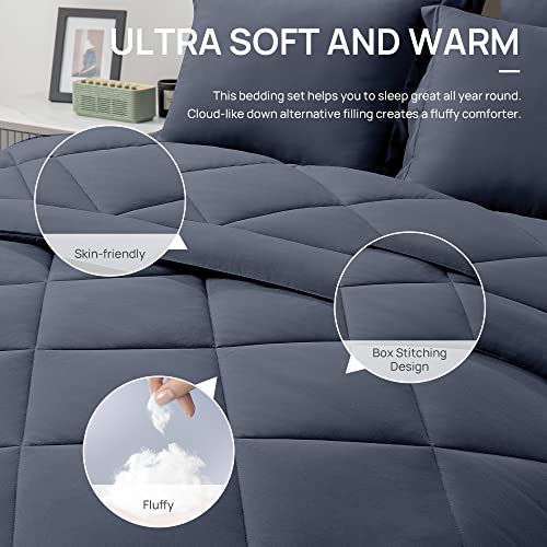 Love's Cabin King Size Comforter Set Navy Blue, 7 Pieces King Bed In A Bag, All Season King Bedding Sets With 1 Comforter, 1 Flat Sheet, 1 Fitted Sheet, 2 Pillowcase And 2 Pillow Sham #TOP4