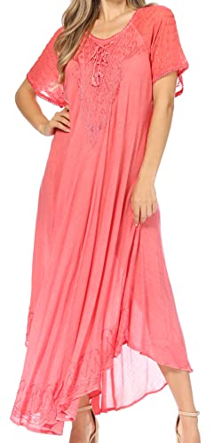 Image of Sakkas Egan Long Embroidered Caftan Dress /Cover Up with Embroidered Cap Sleeves
