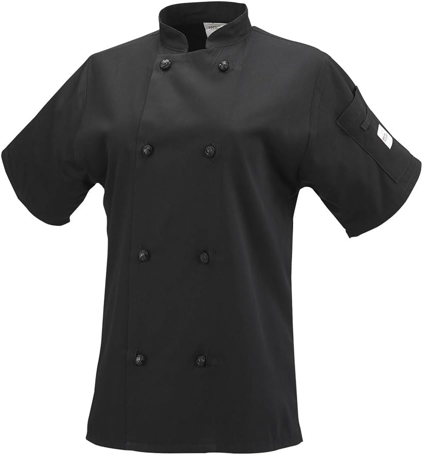 Mercer Culinary M60024BKXXS Millennia Women's Short Sleeve Cook Jacket with Cloth Knot Buttons, XX-Small, Black