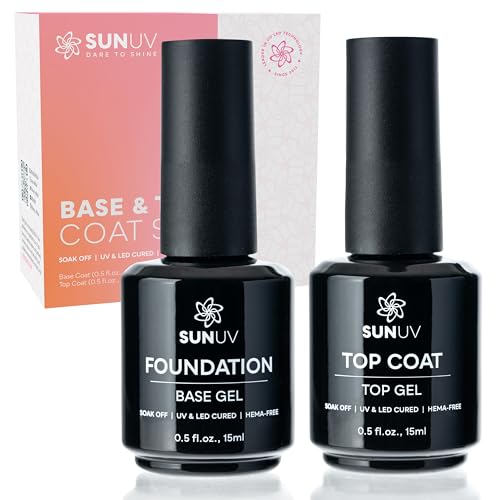 SUNUV 15ml Gel Top Coat and Base Coat Set, Gel Nail Polish Kit 2 Pack, Hema Free Art Manicure UV Nail Lamp No Wipe High Gloss Gifts for Women